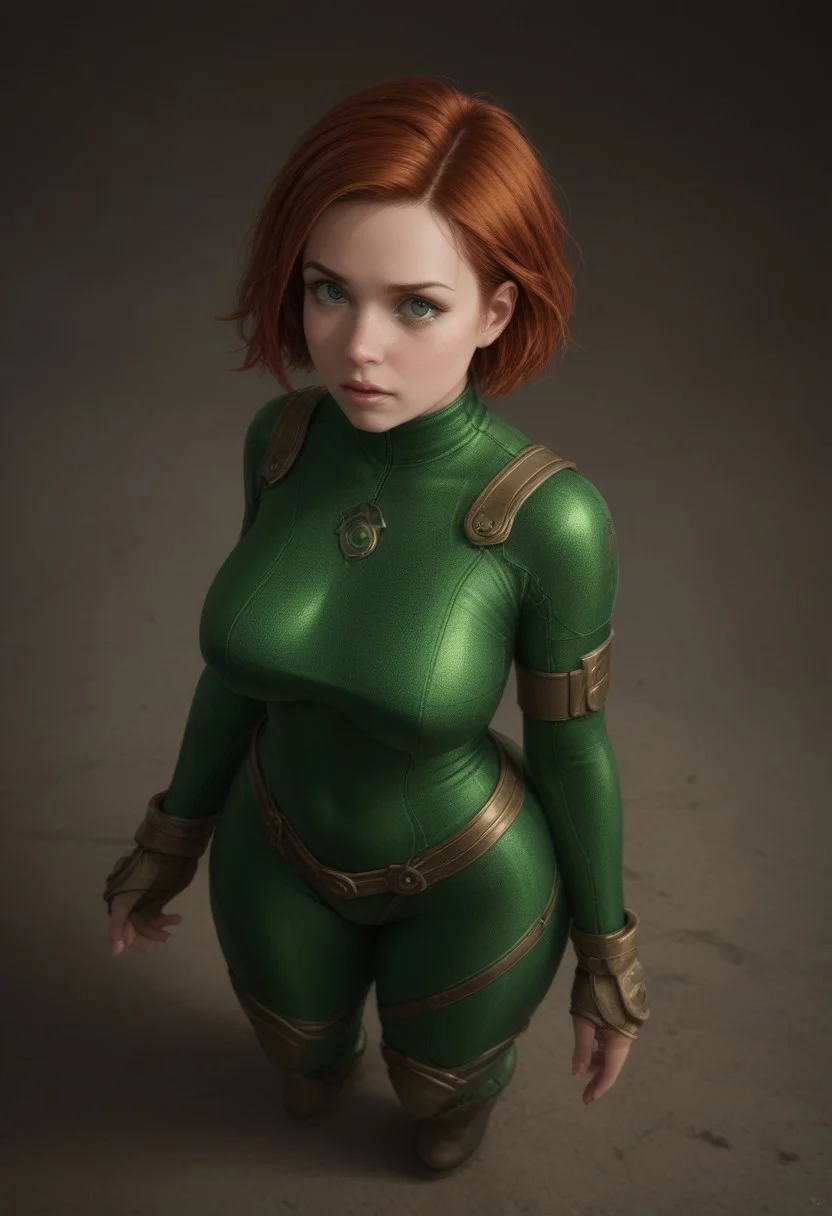 score_9, score_8_up, score_7_up,(masterpiece, best quality, hires, high resolution:1.2), extremely detailed, realistic, highres, beauty, perfthig, large breasts, high angle, Surprise mood, wearing Green-colored Cut-out bodysuit with lace accents, V-shaped cut haircut, copper haircolor, curvy, plump body shape, direct flash photography, <lora:titsonastickv1:0.9>