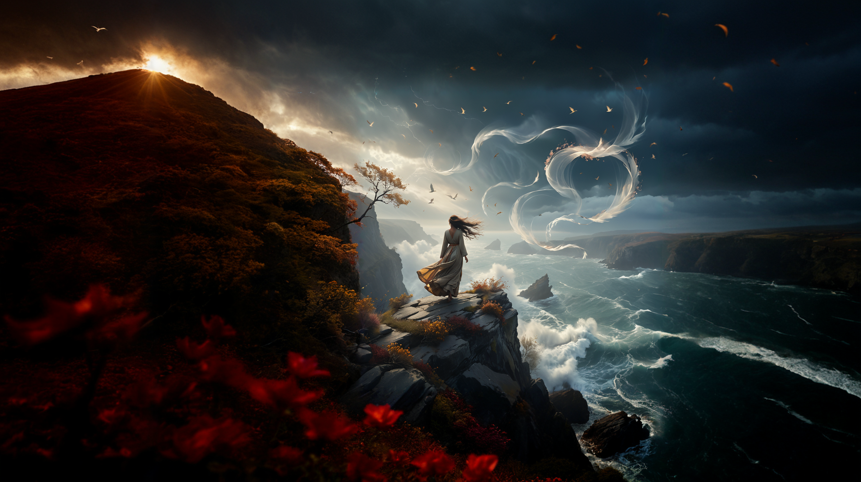 cinematic still Depict a serene scene in which a figure stands on a cliff, their hair and clothes billowing in the wind. Surrounding them are swirling gusts of wind that form visible patterns, carrying leaves, petals, and glimmers of light. Birds soar gracefully above, riding the air currents. The atmosphere is one of calm and connection, capturing the invisible yet powerful force of the wind as it moves through the landscape . emotional, harmonious, vignette, 4k epic detailed, shot on kodak, 35mm photo, sharp focus, high budget, cinemascope, moody, epic, gorgeous, film grain, grainy, Depict a serene scene in which a figure stands on a cliff, their hair and clothes billowing in the wind. Surrounding them are swirling gusts of wind that form visible patterns, carrying leaves, petals, and glimmers of light. Birds soar gracefully above, riding the air currents. The atmosphere is one of calm and connection, capturing the invisible yet powerful force of the wind as it moves through the landscape, cinematic, dynamic, ambient, intricate, highly detailed, sharp focus, perfect composition, elegant, beautiful, confident, color, aesthetic, very inspirational, innocent, illuminated, inspired, creative, artistic, deep rich colors, amazing, spiritual, fabulous, shiny, pretty, awesome, coherent, joyful, brilliant