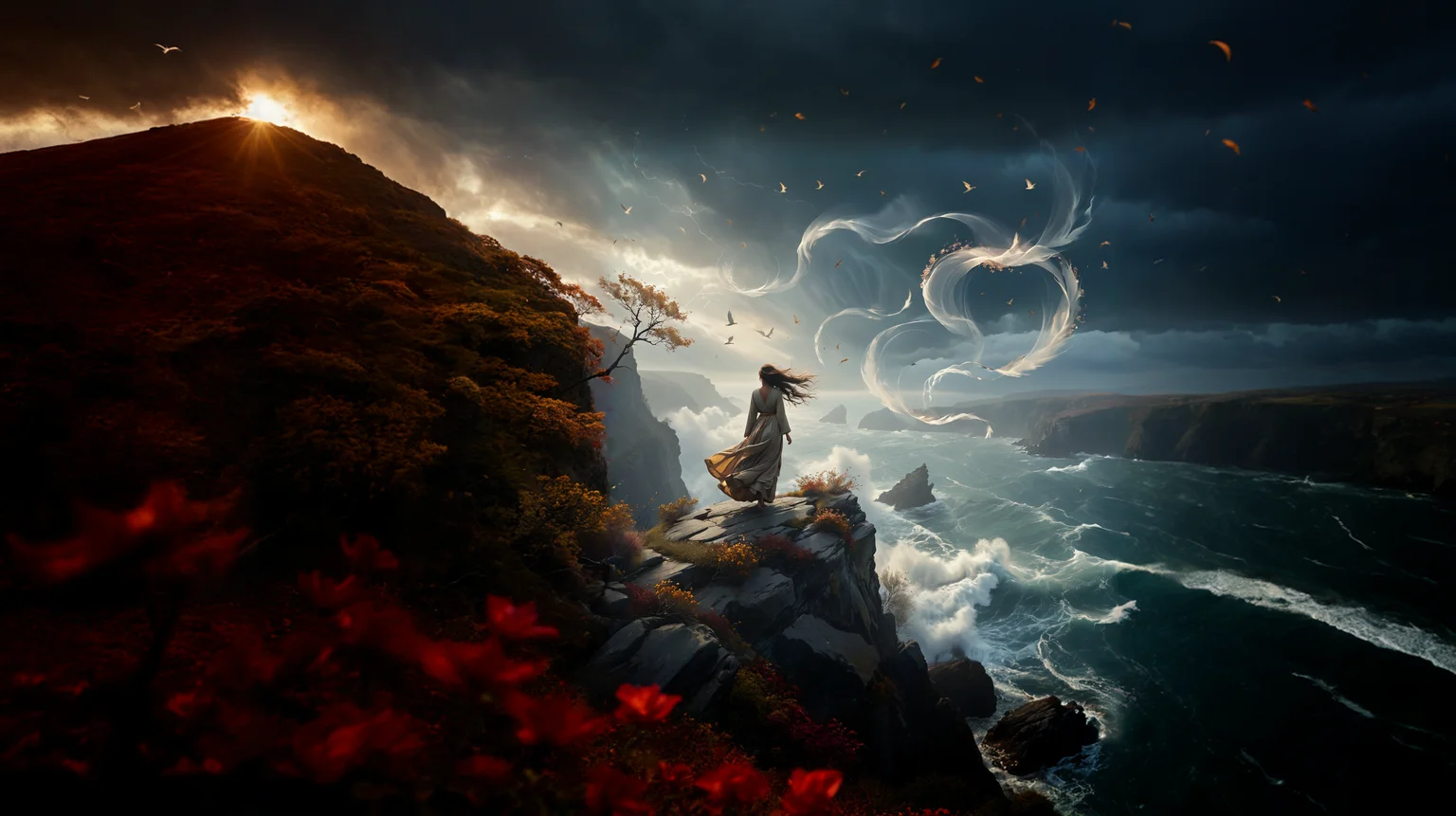 cinematic still Depict a serene scene in which a figure stands on a cliff, their hair and clothes billowing in the wind. Surrounding them are swirling gusts of wind that form visible patterns, carrying leaves, petals, and glimmers of light. Birds soar gracefully above, riding the air currents. The atmosphere is one of calm and connection, capturing the invisible yet powerful force of the wind as it moves through the landscape . emotional, harmonious, vignette, 4k epic detailed, shot on kodak, 35mm photo, sharp focus, high budget, cinemascope, moody, epic, gorgeous, film grain, grainy, Depict a serene scene in which a figure stands on a cliff, their hair and clothes billowing in the wind. Surrounding them are swirling gusts of wind that form visible patterns, carrying leaves, petals, and glimmers of light. Birds soar gracefully above, riding the air currents. The atmosphere is one of calm and connection, capturing the invisible yet powerful force of the wind as it moves through the landscape, cinematic, dynamic, ambient, intricate, highly detailed, sharp focus, perfect composition, elegant, beautiful, confident, color, aesthetic, very inspirational, innocent, illuminated, inspired, creative, artistic, deep rich colors, amazing, spiritual, fabulous, shiny, pretty, awesome, coherent, joyful, brilliant