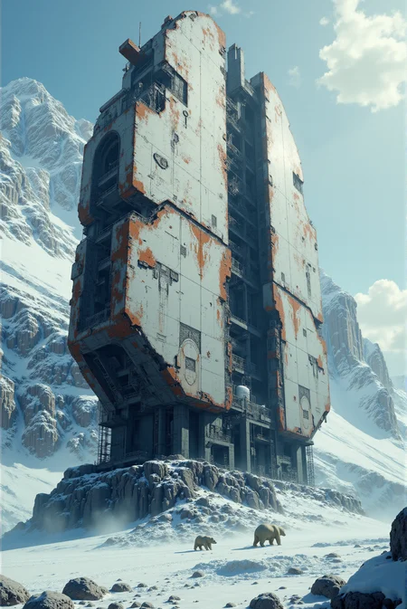 <lora:Legacy_of_the_forerunners_r1:0.8>
Buried deep within a windswept glacial canyon, an enormous, decaying spacecraft relic rises from the snow—its sleek form unmistakably artificial, yet battered by snow storms, time, ice, and cold. The colossal size space vessel slightly resembles a space shuttle from the end of XX, but taller and more aggressive aero shape. The ship's fuselage and smooth-curved wings of oxidized steel and scorched plating now crusted in layers of hoarfrost and sagging icicles. Its once-sharp angles are rounded by decades—perhaps centuries—of relentless cold, with snow having filled every cavity and sealed every joint. Portholes and hatches are dark and unresponsive, framed by rust blooms and faded insignias long stripped of their meaning. The base of the structure is half-submerged in snowdrifts, the surrounding platform crushed by geological shifts and layers of frozen sediment. Jagged metallic scaffolding rises alongside the central tower, leading into an unreachable sky, suggesting this was once part of a larger launch assembly or orbital relay station. Now, the scene is still, broken only by the distant wind and the presence of (two polar bears–mother with her grown cub, which follows her closely scared by giant spaceship:1.2), wandering past, dwarfed by the scale of the machine and the frozen cliffs that encircle it like ancient sentinels. Rendered in cinematic hyperrealism with painterly overtones, the visual language leans into post-apocalyptic ruin—where technology is reduced to sculpture and memory, reclaimed by a planet that has long outlasted its creators. The color palette is dominated by arctic whites, oxidized reds, and cold shadows, pierced by rare highlights where light catches metallic curves. It is a vision of forgotten ambition locked in ice, a ghost of ascension abandoned at the edge of the world.