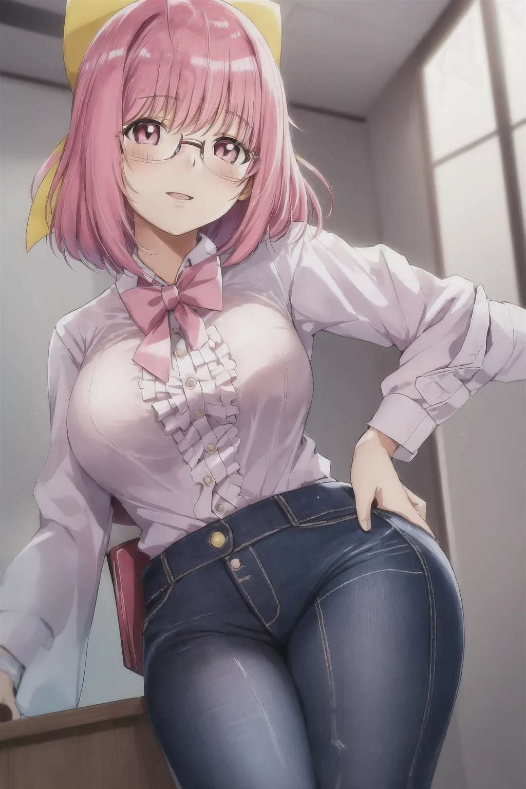 nakagawa kanon, white pupils, pink hair, hair ribbon, large breasts, office, office lady, glasses, jeans, white button shirt, sleeveless, 1girl, solo, <lora:Kanon V3:0.6>