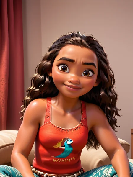 score_9, score_8_up, score_7_up, casual outfit, moana, A girl with long, curly dark hair and a playful expression, wearing a red tank top and patterned pants, 1girl, solo, long hair, looking at viewer, smile, brown hair, shirt, bare shoulders, brown eyes, closed mouth, upper body, indoors, dark skin, spread legs, dark-skinned female, lips, curtains, freckles,
<lora:princess_rc_pony_v2:0.8>