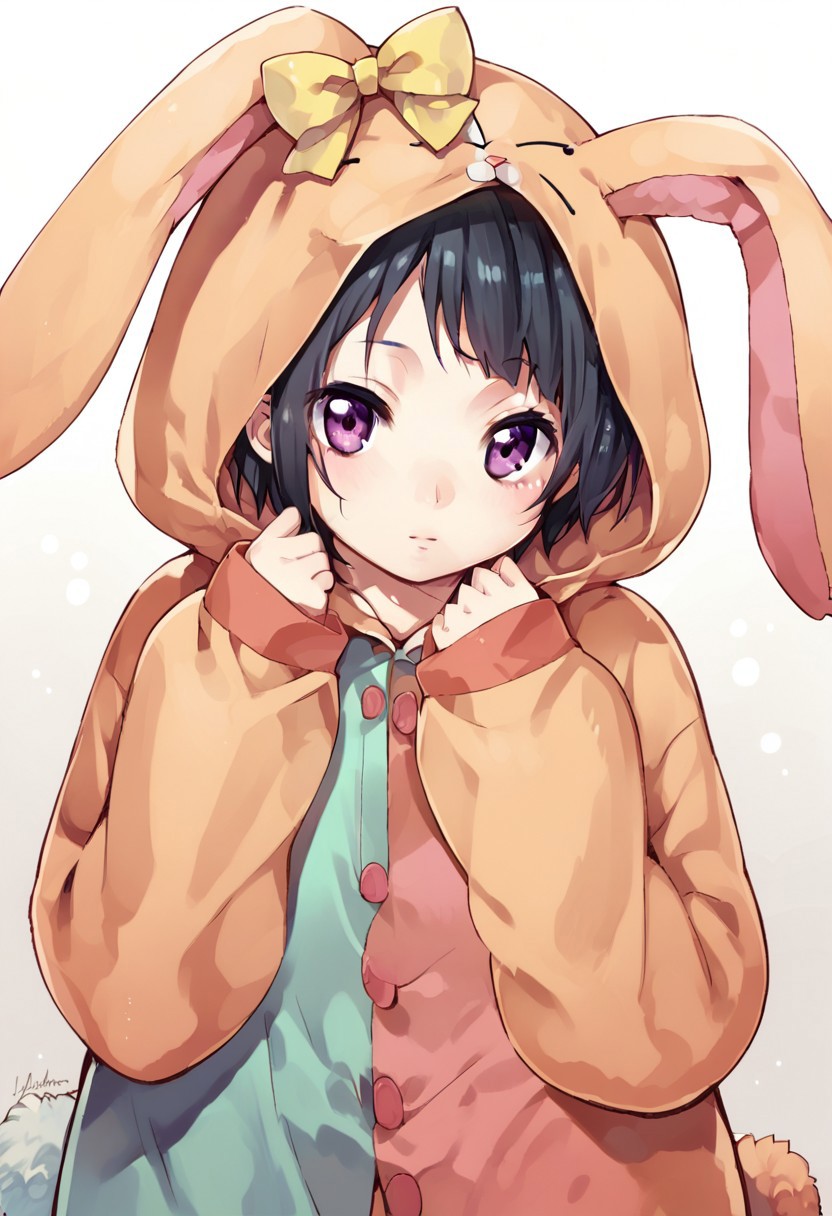 score_9, score_8_up, score_7_up, rabbit costume, long sleeves, short hair, bow, :d, hood up, purple eyes, pajamas, ichihara nina, black hair