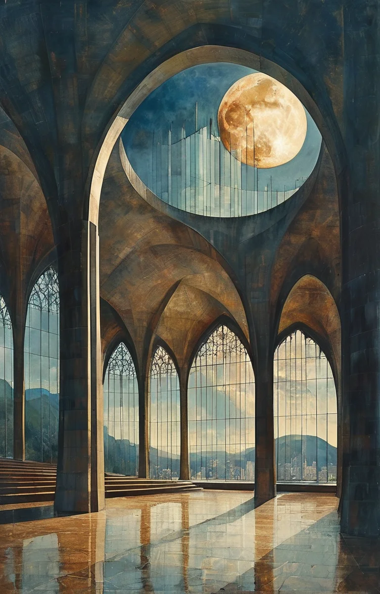 masterpiece,best quality,<lora:tbh313-sdxl:0.75>,illustration,designed by Oscar Niemeyer, Gothic revival cathedral with intricate spires and stained glass windows, bathed in moonlight