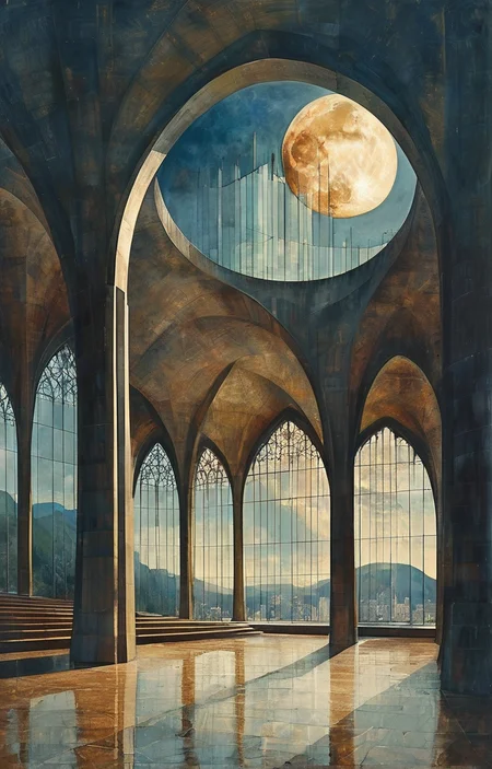 masterpiece,best quality,<lora:tbh313-sdxl:0.75>,illustration,designed by Oscar Niemeyer, Gothic revival cathedral with intricate spires and stained glass windows, bathed in moonlight
