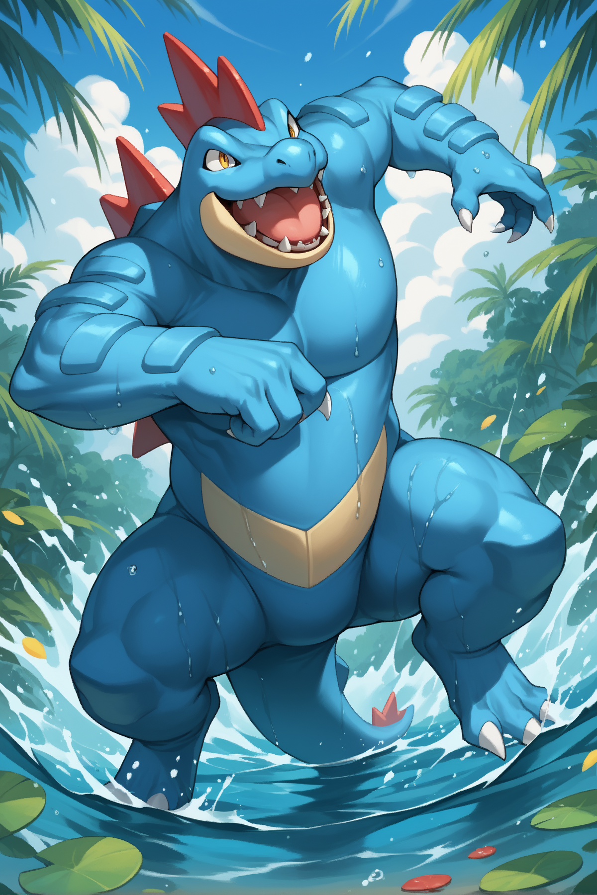 score_9, score_8_up, score_7_up, source_anime, rating_safe. pokemon (creature), feraligatr:2, claws, fangs, tail, muscular, fighting pose, wet, no humans:2, 
(Eyes: (yellow eyes, perfecteyes) ),
(Environment: (outdoors, shoreline) ),
(Composition: (diagonal tight medium shot:1.5) ),
(Style: (8k, zPDXL3) ), <lora:POKEMON_FERALIGATR:1>