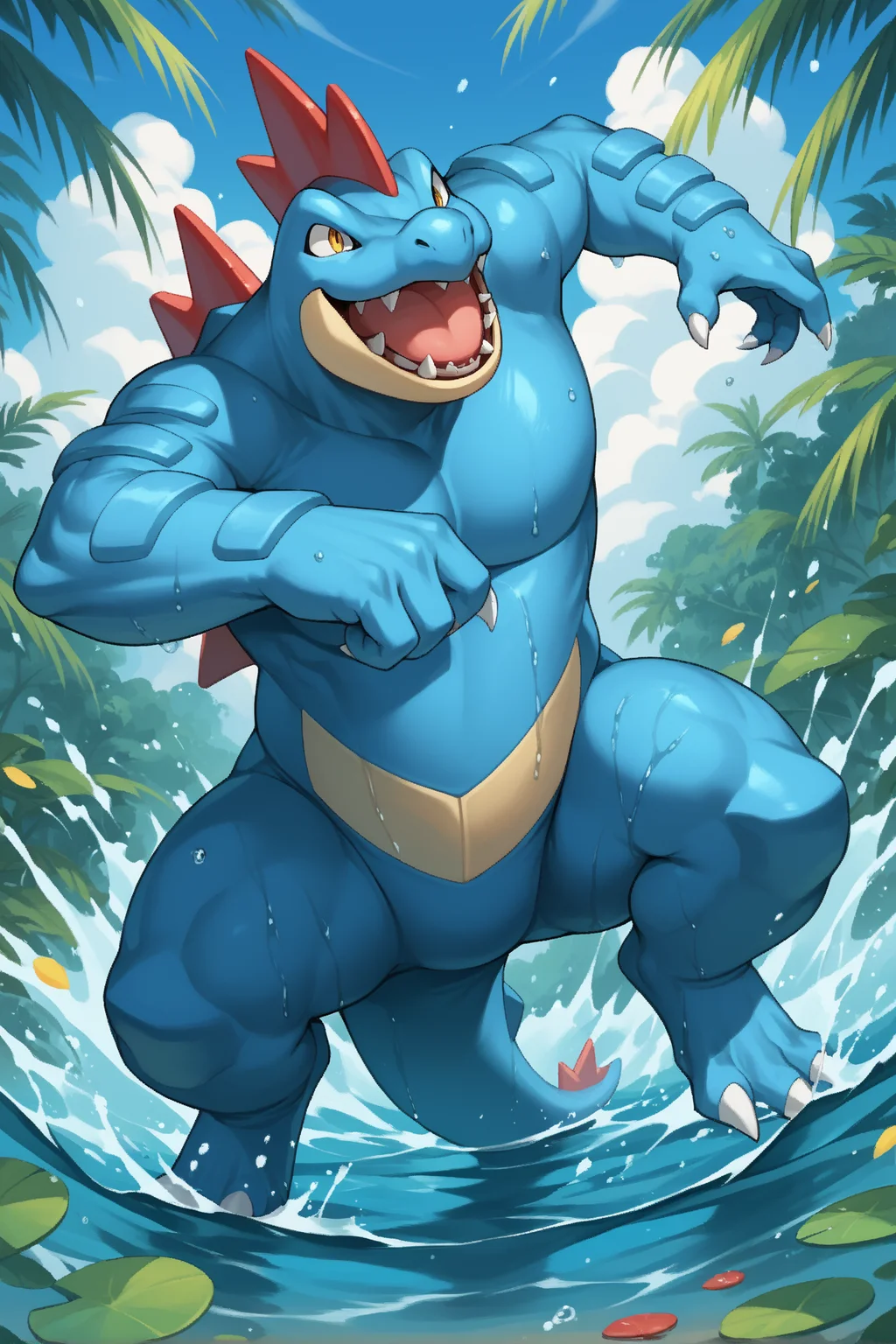 score_9, score_8_up, score_7_up, source_anime, rating_safe. pokemon (creature), feraligatr:2, claws, fangs, tail, muscular, fighting pose, wet, no humans:2,
(Eyes: (yellow eyes, perfecteyes) ),
(Environment: (outdoors, shoreline) ),
(Composition: (diagonal tight medium shot:1.5) ),
(Style: (8k, zPDXL3) ), <lora:POKEMON_FERALIGATR:1>