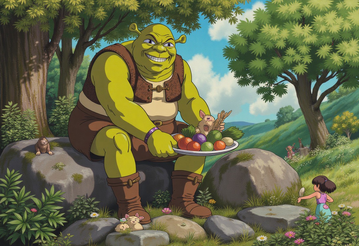 Ghibli style Shrek, a lovable green ogre with a big smile, sitting on a moss-covered rock while enjoying a plate of freshly picked vegetables, in a magical forest filled with whimsical creatures, dappled sunlight filtering through the trees, surrounded by curious fairies peeking out from behind leaves