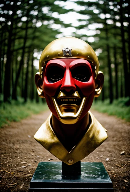 (Saturn Mars putple yellow red blue colors)(Intricately hand carved and hand painted total war Mask made of [wood | bone | clay | iron | glass] on mask ((without  hair ))((with gold and diamonds horns))stand on ritual stained worn marble alter)(69 years to create)(dusk evil hant4d ghoulish forest in background)(royal  religious  illumimist cult treasure)(deep esoteric qlipoth metaphysical meaning)(Architectural Digest photo spotlight) <lora:epiC35mm:0.8> epiC35mm
 <lora:HDhelper:0.6> 
<lora:LCM_1-5:0.7> 
<lora:Saturation:1.3>  
 <lora:EmotionSliders:3>  
<lora:up-down_lighting:-0.8> 
<lora:back-front_lighting:-1.1>