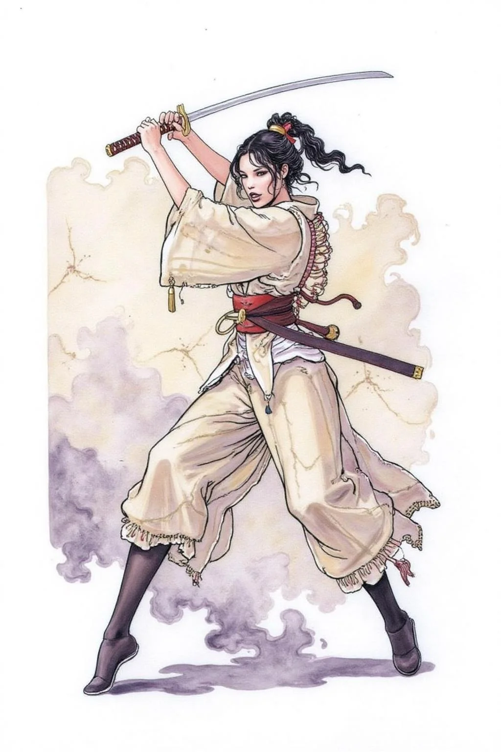 itacomic1 illustration of a female Japanese samurai warrior wielding a katana, blending form with reality. Glitching the surreal with blurred dreams on a white background. Woven light fuses delicatly with whispering shimmers creating a eyecatching and masterpiece artwork. drifting fog, cracked light and smokey haze in floating threads finishes the dreamlike reality. <lora:itacomic_mima6_nocap_d6a3e11:1.0><lora:806429291777790674:0>