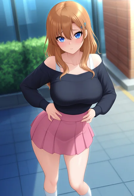 masterpiece, best quality, amazing quality, 1girl, solo, kokoroww, blue eyes, brown hair, long hair, hair between eyes, hairclip, large breasts, black off-shoulder shirt, long sleeves, collarbone, pink pleated skirt, miniskirt, white socks, <lora:Haitoku_to_Yokubou_no_Kiryuu_Kokoro_ill:0.8>, standing, both hands on waistband, pulling down pants, looking at viewer, outdoors, skindentation, detailed clothing folds, depth of field, sharp, high contrast, dynamic light