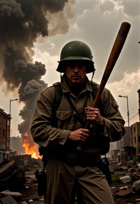 Faded, muted colors inspired by WWII aesthetics, combined with dystopian beige and gray tones. Retro scan of a 1940s wartime comic book, grainy, vintage, melancholic yet cinematic. A dramatic close-up of a lightly armored WWII soldier standing amidst the ruins of a destroyed urban battlefield, gripping a weathered baseball bat close to his chest. The bat is scarred with the marks of countless battles, its surface glinting faintly in the dim light. His helmet, slightly dented and dusty, casts a shadow over his determined face, while his uniform is torn and marked with soot from explosions. Thick, swirling smoke rises around him, illuminated by sporadic flashes of distant artillery fire. Behind him, the skeletal remains of bombed-out buildings loom against a sky heavy with storm clouds, the faint wail of an air-raid siren adding to the suffocating tension. The horizon is shrouded in a haze of dust and ash, with flickering remnants of fires casting an eerie glow across the landscape. Volumetric lighting and a subtle film grain enhance the melancholic atmosphere, while the cinematic composition focuses on the soldier's fierce resolve, his grip tightening on the bat as he prepares to face the next wave of chaos. Cinematic lighting
