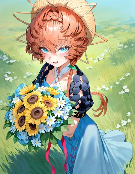 van_gogh_(fate), fate/grand_order, munakata_(sekimizu_kazuki):1.2,mogudan:0.7, hamada_yoshikazu:0.8 ,toriyama_akira_(style):0.8, quasarcake:0.8,rolua, ,negative space, retro_artstyle,
masterpiece, highres, absurdres, newest,
1girl, blue_dress, blue_eyes, bouquet, dress, flat_chest, flower ,grass ,hat, holding ,holding_bouquet ,looking_at_viewer ,open_mouth ,orange_hair, outdoors, smile, solo, sunflower, sunlight from above,
, detailed background,
<lora:ponyv4_noob1_2_adamW:0.5>, <lora:add-detail-xl:0.5>