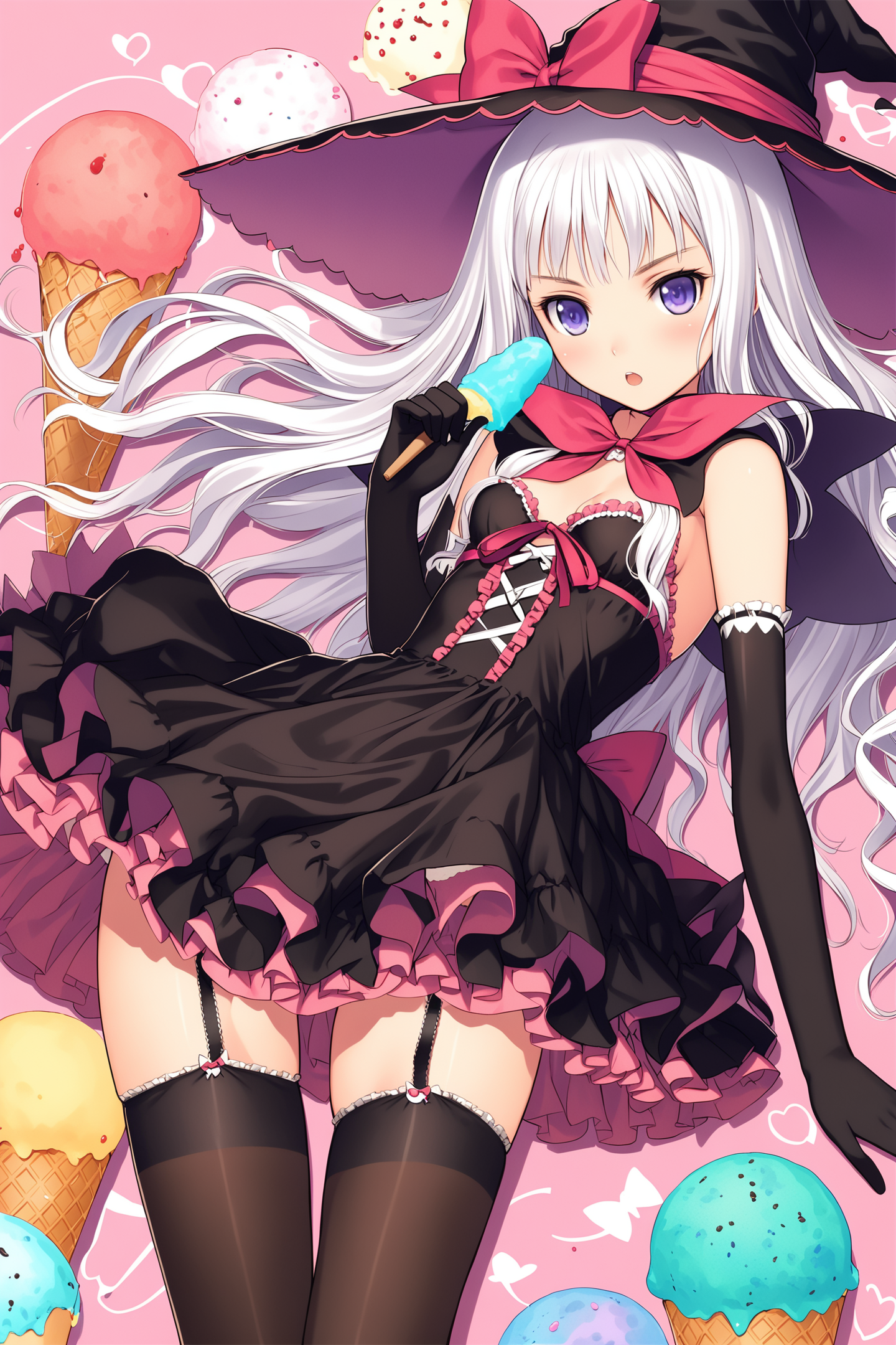 Meredy,1girl,witch hat,hat,thighhighs,ice cream,gloves,long hair,solo,garter straps,ice cream cone,white hair,elbow gloves,bow,frills,zettai ryouiki,witch,ribbon,purple eyes,blue eyes,breasts,small breasts,black thighhighs,dress,wavy hair,jewelry,
<lora:tony_XL_V2:0.8>,