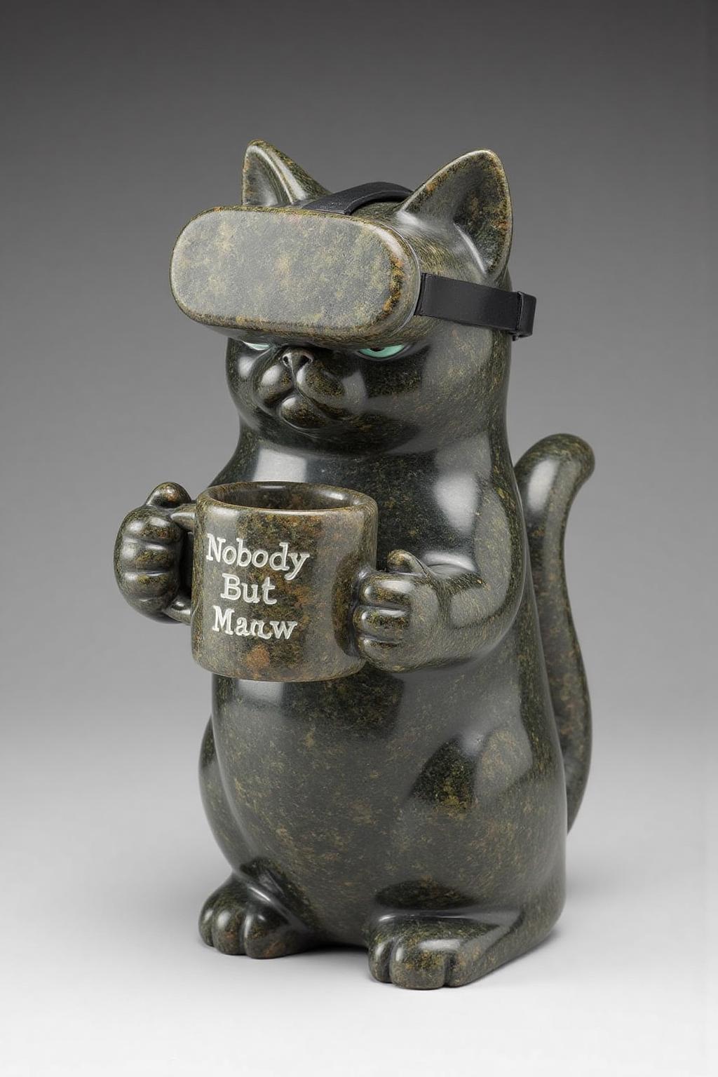 sculpture of gGrumpy Cat holding a coffee mug, wearing a VR Headset. The mug has the phrase "NobodyButMeow" printed, carved with mottled dark grey stone.  <lora:inuit_cap_d6a3e12:0.8><lora:821755066529842155:0>
