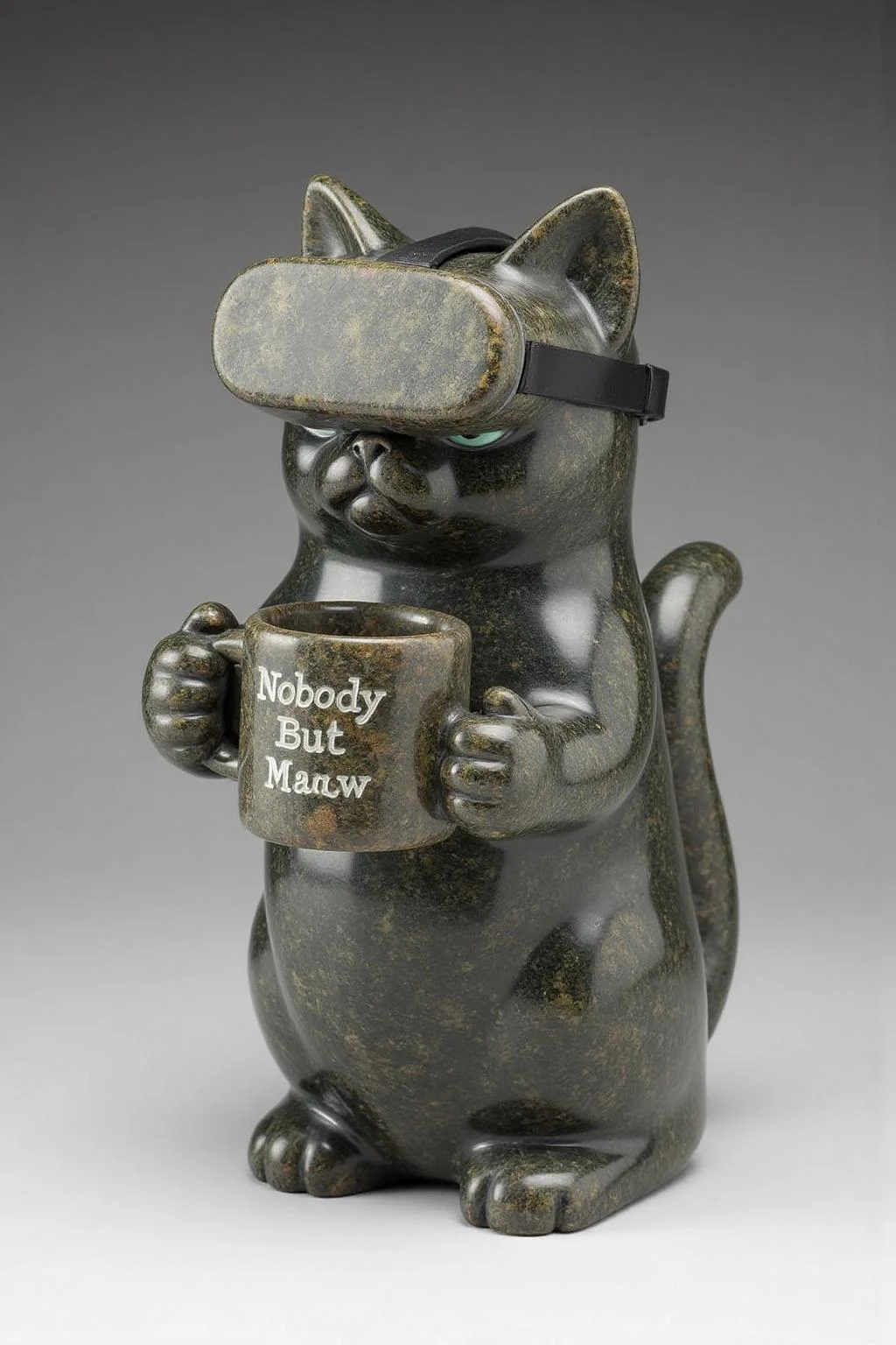 sculpture of gGrumpy Cat holding a coffee mug, wearing a VR Headset. The mug has the phrase "NobodyButMeow" printed, carved with mottled dark grey stone. <lora:inuit_cap_d6a3e12:0.8><lora:821755066529842155:0>