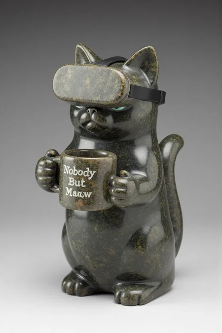 sculpture of gGrumpy Cat holding a coffee mug, wearing a VR Headset. The mug has the phrase "NobodyButMeow" printed, carved with mottled dark grey stone. <lora:inuit_cap_d6a3e12:0.8><lora:821755066529842155:0>