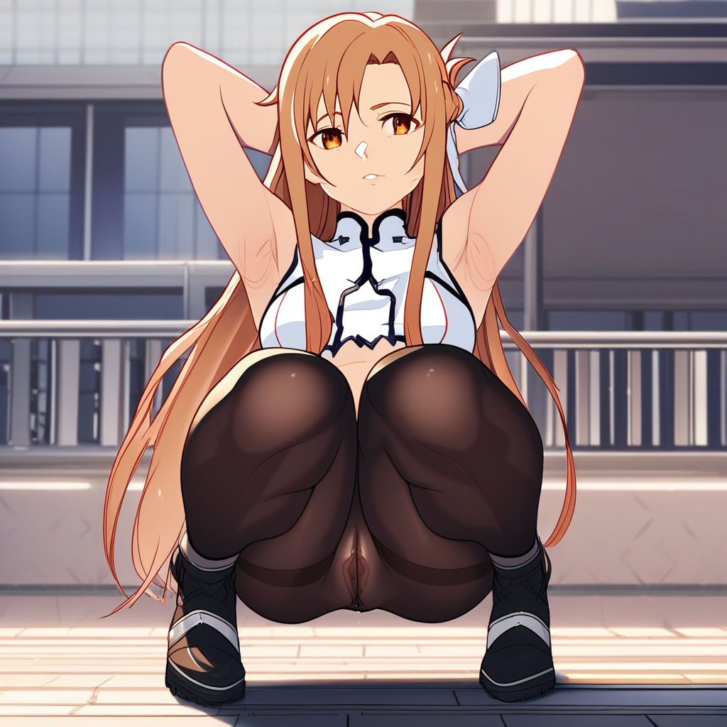 score_9, score_8_up, score_7_up, source_anime, expressive, anime, Artist speedlines, dynamic, 1girl, Asuna/(Sword Art Online\), squatting, arms behind head, armpit_hair, crop top see-through_legwear pantyhose, see-through, thighband_pantyhose, pantyhose, nudepantyhoseXL, pussy_under_pantyhose, uncensored, pussy, exhibitionism, public, outdoors, sunny, urban
