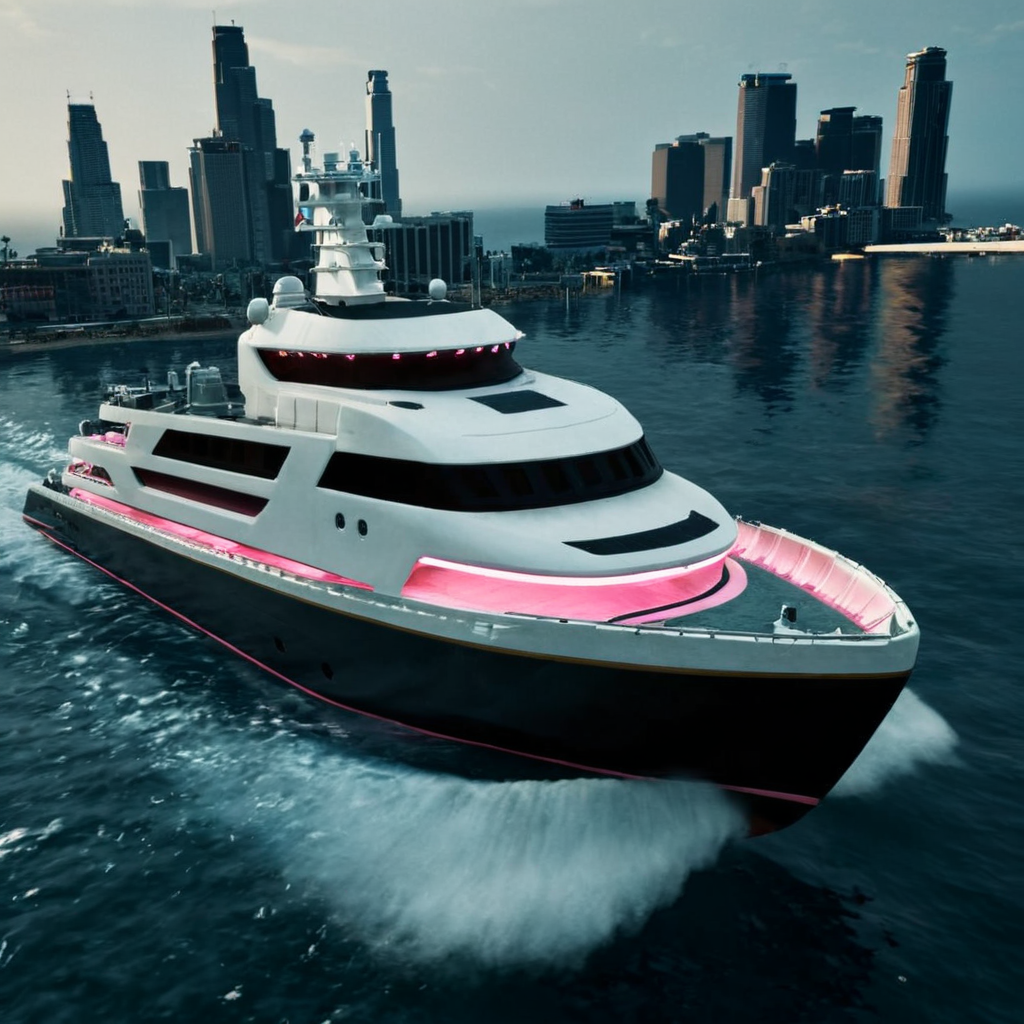 professional 3d model of  <lora:GTA style:0.7>
 <lora:Unreal Engine style:0.9> Unreal Engine style
 <lora:Hollywood Anamorphic format film style:0.2> Hollywood Anamorphic format film style
 <lora:add-detail-xl:0.3>
 <lora:perfection style:0.3> perfection style
 <lora:xl_more_art-full_v1:0.1>
 <lora:detailed:0.1>
 <lora:PerfectEyesXL:0.3>
A different perfect unique motion picture image of a large white boat with pink lights on it, action-adventure movie themed style, sharp, detailed, epic cinematic photorealism style, artistic creative style, dramatic cinematic light style, cinematic color style, Grand Theft Auto style, GTA style, outdoors, sky, water, no humans, night, ocean, watermark, scenery, watercraft, city lights, night sky, military vehicle, ship, boat, warship
, octane render, highly detailed, volumetric, dramatic lighting
