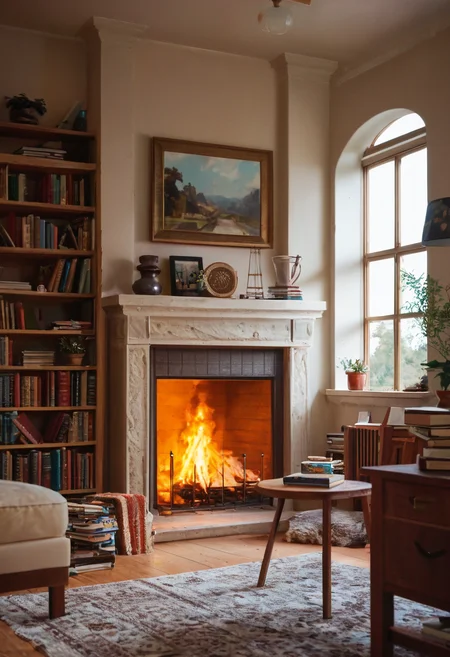 score_9, score_8_up, score_7_up, interior, scenery, forniture, bookshelf, fireplace, cozy, highly detailed, film grain, <lora:zy_Realism_Enhancer_v2:0.95>