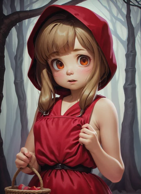 sfw, masterpiece, best quality, ultra-detailed,, 1girl, solo, Little Red Riding Hood, holding a basket of cakes, at forest, frightened face, alkemanubis <lora:alkemanubis128_128-15:0.7>