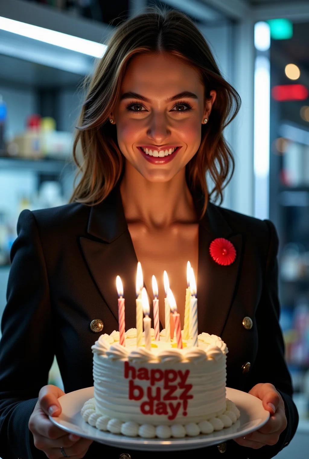 photo of a beautiful woman wearing a futuristic business suit, red pin on collar, holding a cake on a plate in a futuristic space kitchen, light smirk, warm and welcoming look, text among candles on cake says "happy buzz day!",