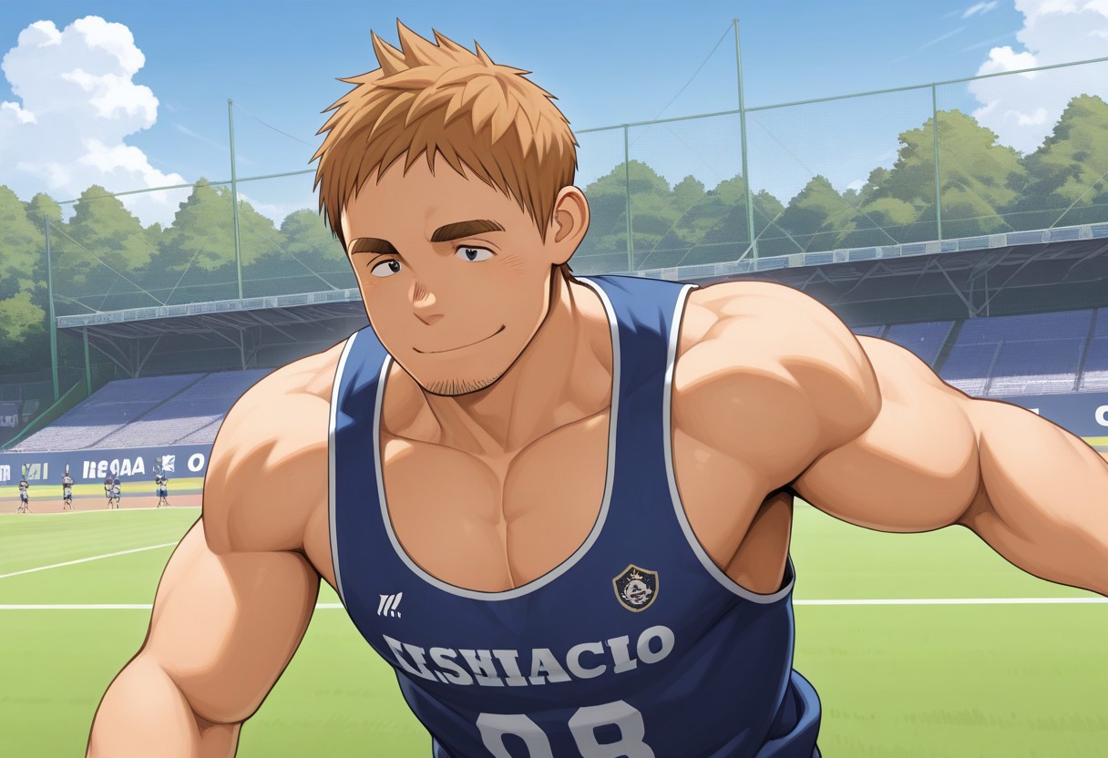 masterpiece,best quality,absurdres,newest,perfect quality,best quality,absolutely eye-catching,detailed background,intricate details,male focus,solo,Ishikawa EIKISHI, 1boy, Brown hair,black eyes, thick eyebrows, facial hair, muscular body,outdoors,soccer tank top, smile,