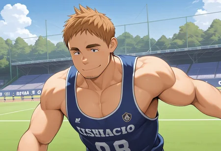 masterpiece,best quality,absurdres,newest,perfect quality,best quality,absolutely eye-catching,detailed background,intricate details,male focus,solo,Ishikawa EIKISHI, 1boy, Brown hair,black eyes, thick eyebrows, facial hair, muscular body,outdoors,soccer tank top, smile,