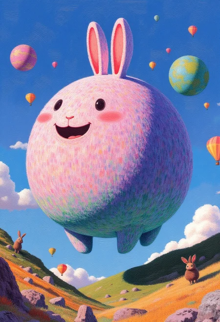 weird and cute, an illustration of a huge strange bunny like floating creature, surreal and kind of crazy, funny theme