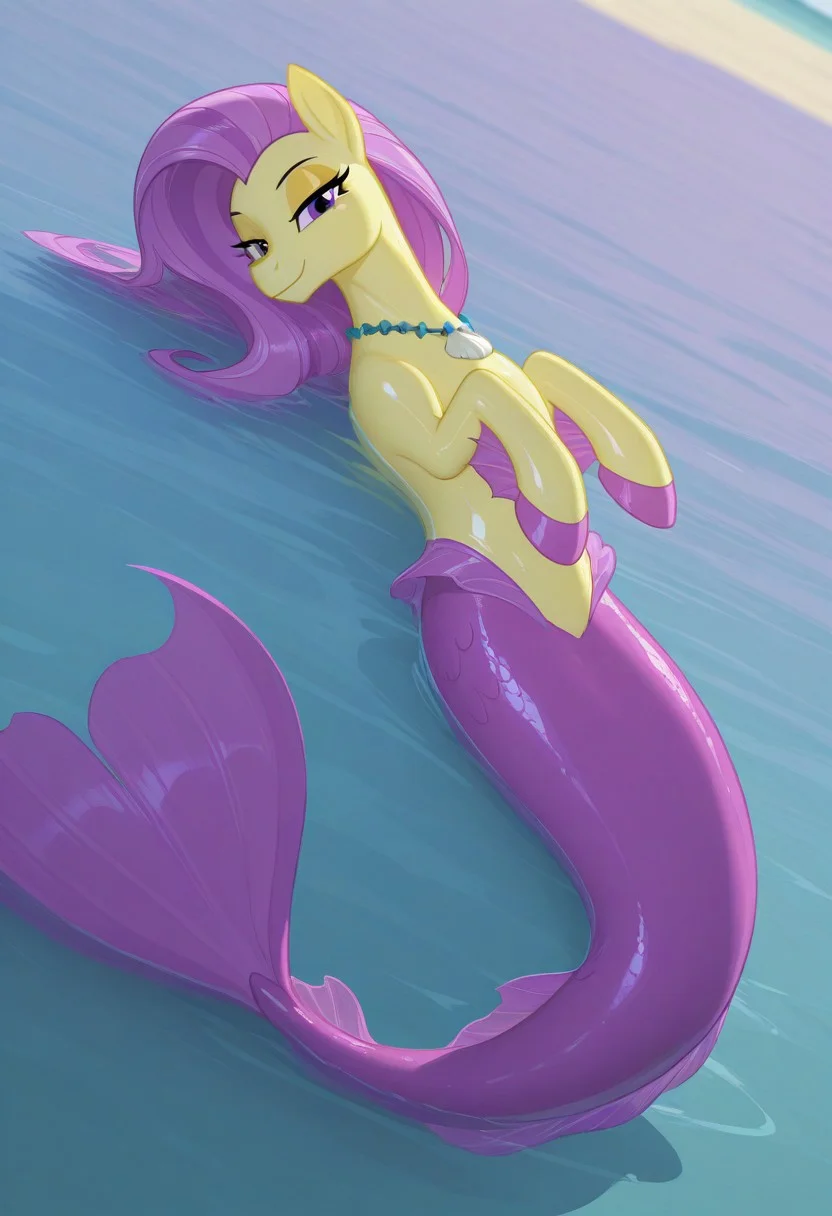 (masterpiece:1.2), (best quality:1.2), (very aesthetic:1.2), (absurdres:1.2), (detailed background), newest, sharp focus, perfect light, dynamic light, natural light, (best quality), my little pony, ocean flow, solo, water, purple eyes, 1girl, shell necklace, jewelry, no humans, purple hair, yellow skin, fins, looking at viewer, lidded eyes, yellow eyeshadow, dutch angle, shiny skin, glossy skin, shiny hair, glossy hair, full body, lying on back, beach, in water, siren, hippocampus, mermaid tail