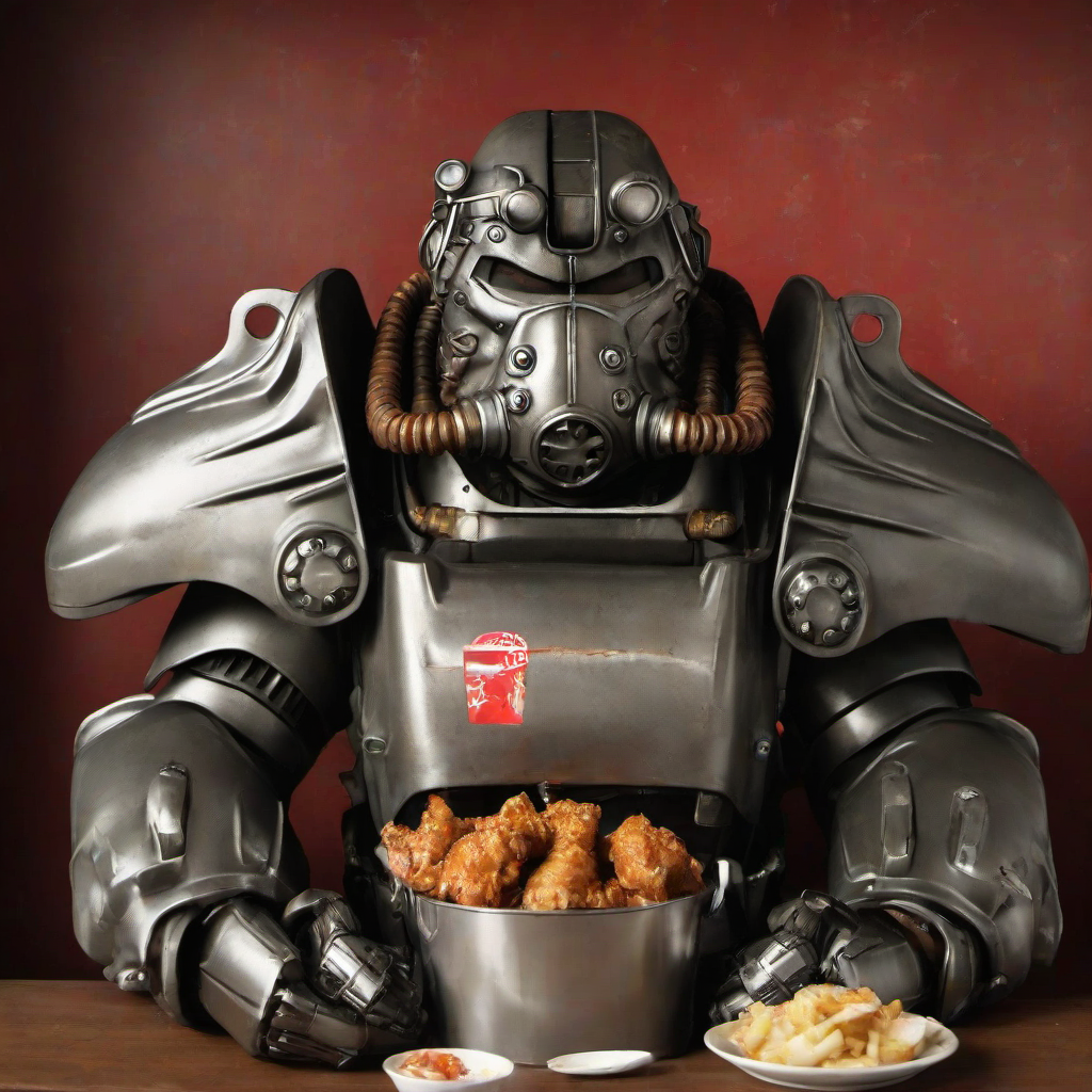 masterpice,high quaity,portrait,
 <lora:PE_PowerArmor:1> PEPowerArmor,
inside kfc,eating chicken wings,kfc bucket