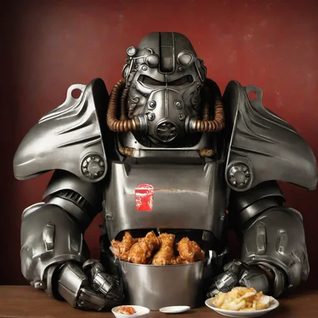 masterpice,high quaity,portrait,
<lora:PE_PowerArmor:1> PEPowerArmor,
inside kfc,eating chicken wings,kfc bucket