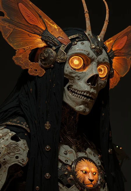 This is a highly detailed, hyper-realistic CGI artwork depicting an otherworldly, futuristic figure. The subject is a skeletal woman with a human skull for a head, adorned with intricate, ornate accessories. Her face is a hollow, white skull with glowing, amber eyes that give an eerie, lifelike appearance. Her skin is painted with a fine, intricate pattern of gold and black lines, adding to the mechanical aesthetic.
She wears a helmet-like headpiece that features a stylized, ornate design with a central skull motif, flanked by large, intricate wings of a butterfly, colored in a gradient from deep orange to a fiery red. These wings are adorned with intricate, glowing details, enhancing the fantastical, otherworldly feel of the image. Her hair is long and dark, cascading down her shoulders, blending seamlessly with the ornate headpiece.
The figure's body is covered in a sleek, black and gold armor with a futuristic, mechanical appearance. The armor features intricate, glowing circuits and a chest piece adorned with a glowing, golden lion's head. Small, glowing butterflies are scattered around her, adding to the surreal atmosphere., vantablack