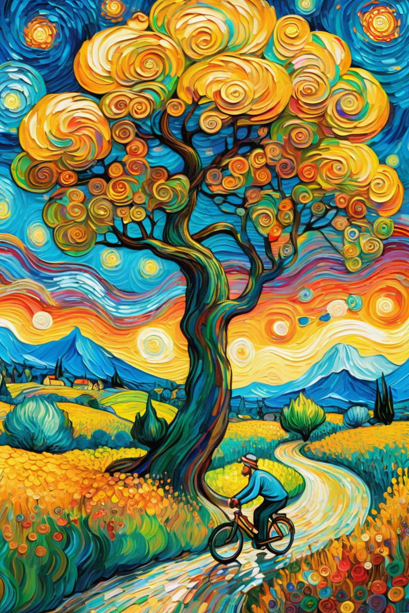 man with child lying in bed, whimsical landscape with vibrant colors, swirling skies resembling van gogh's style, cartoonish, tree with thick trunk and bicycle leaning against it, medium age, possibly european, inspired by vincent van gogh, digital illustration, best quality