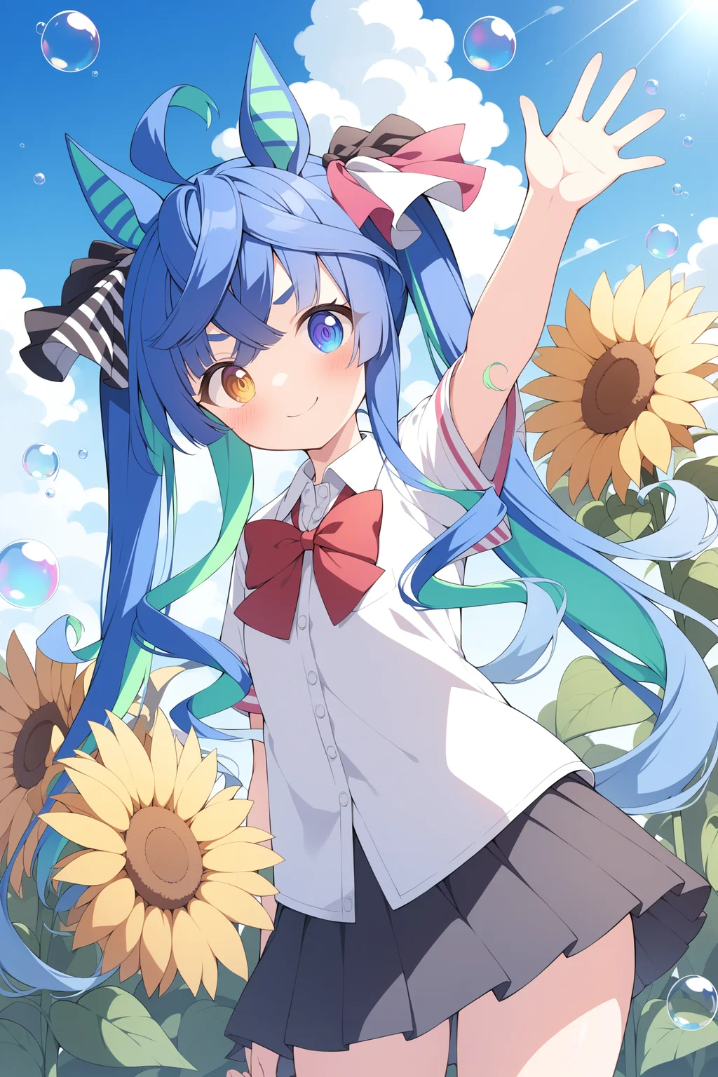1girl, twin turbo \(umamusume\), sunflower, solo, flower, skirt, outdoors, shirt, sky, school uniform, bow, cloud, white shirt, pleated skirt, red bow, bowtie, short sleeves, day, red bowtie, collared shirt, standing, bangs, blue sky, black skirt, yellow flower, blush, heterochromia, (bubble), waving, waving arm, arm behind back, closed mouth, smile,