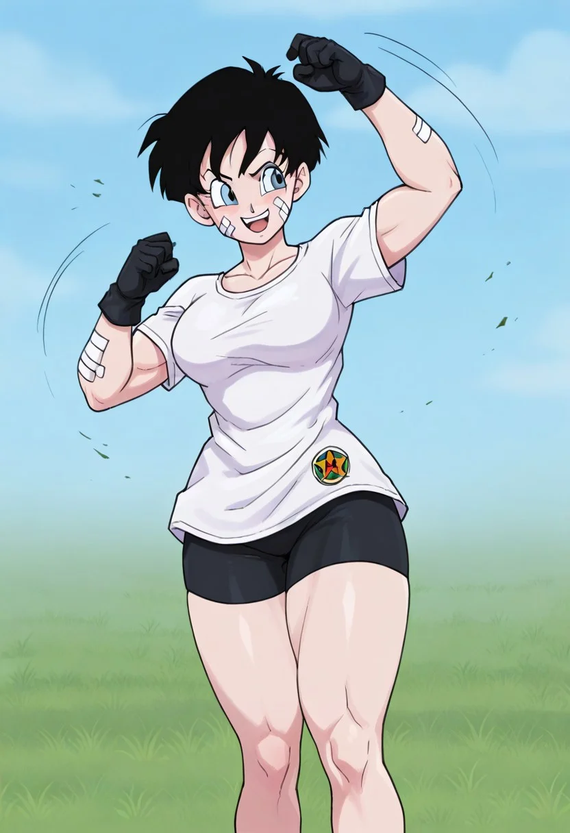 1girl, videl, blue eyes, black hair, short hair, black eyes, bandage on cheek, one arm up in the air, big breasts, bandage on left arm, white shirt with purple sleeves, black biker shorts, black gloves, smile, open mouth, dynamic pose, fighting pose, slim muscular body, big thighs, canecoffy_artstyle