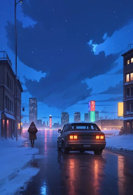 score_9, score_8_up, score_7_up, score_6_up, score_5_up, score_4_up,
<lora:ScenicHorizonsV3.1:1> sc3n1ch0r1s0ns,
1girl, solo, black hair, standing, sky, cloud, hood, from behind, water, bag, coat, night, backpack, cloudy sky, building, night sky, scenery, motor vehicle, snow, reflection, snowing, city, facing away, car, road, cityscape, wide shot, vehicle focus, city lights,