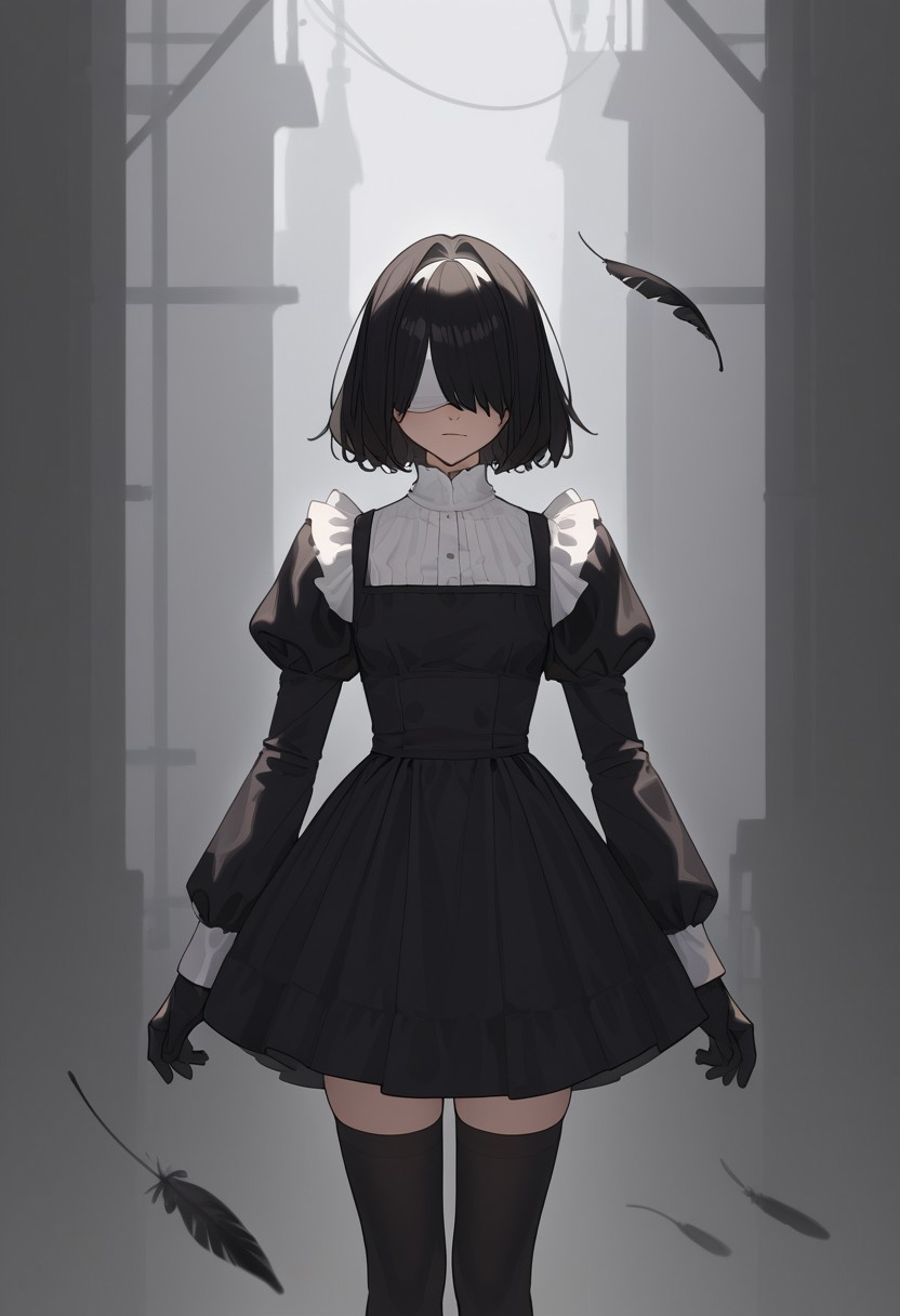 masterpiece, best quality, white blindfold, covered eyes, mole under mouth, clothing cutout, long sleeves, puffy sleeves, juliet sleeves, feather trim, black thighhighs, black gloves, black dress, black skirt,  <lora:Abbystea_Style_LoRA_XL:1>, abbystea style