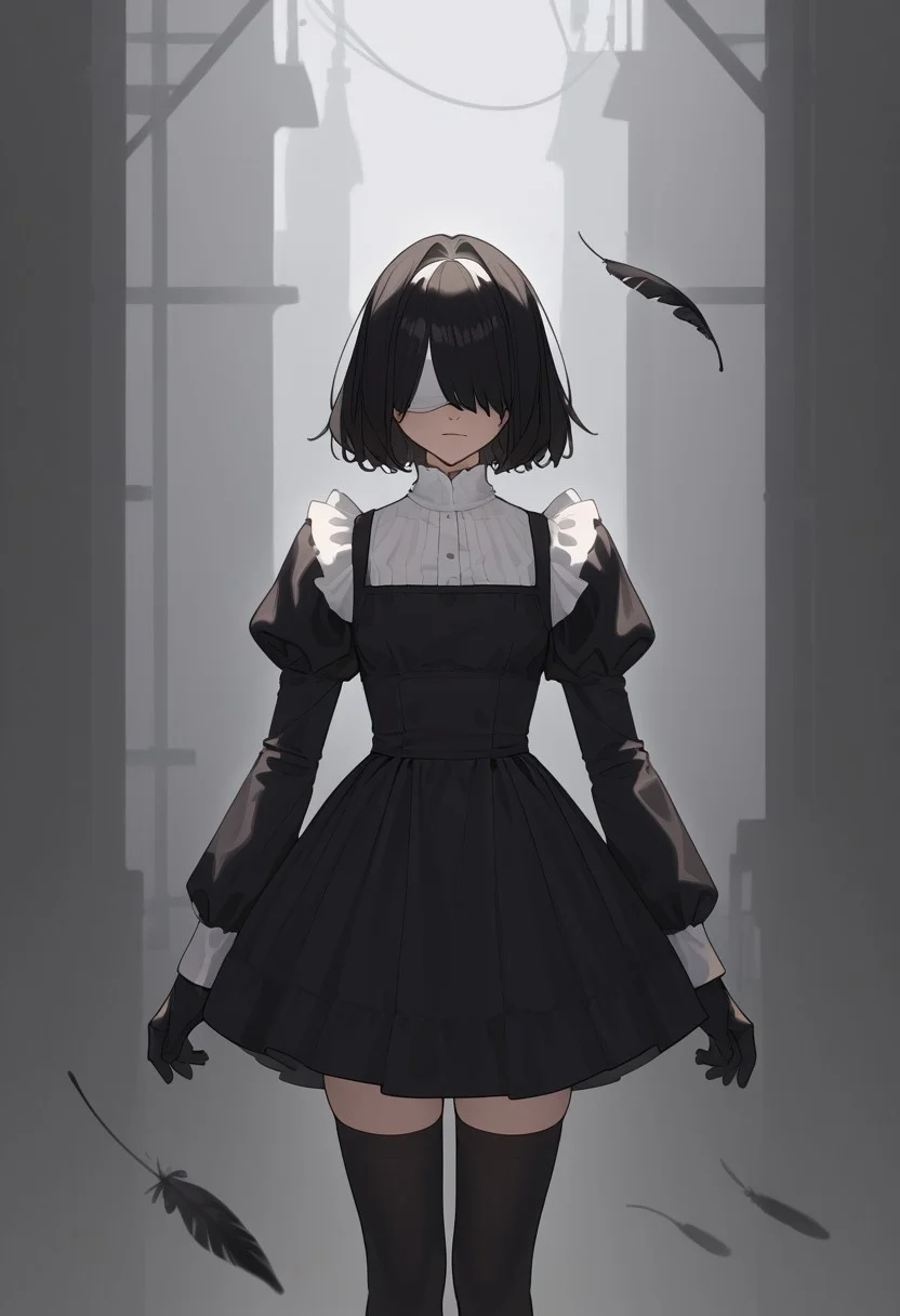 masterpiece, best quality, white blindfold, covered eyes, mole under mouth, clothing cutout, long sleeves, puffy sleeves, juliet sleeves, feather trim, black thighhighs, black gloves, black dress, black skirt,  <lora:Abbystea_Style_LoRA_XL:1>, abbystea style