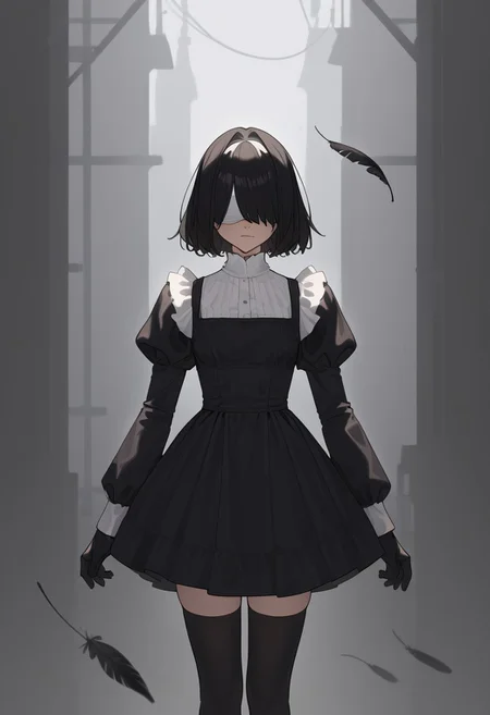 masterpiece, best quality, white blindfold, covered eyes, mole under mouth, clothing cutout, long sleeves, puffy sleeves, juliet sleeves, feather trim, black thighhighs, black gloves, black dress, black skirt,  <lora:Abbystea_Style_LoRA_XL:1>, abbystea style