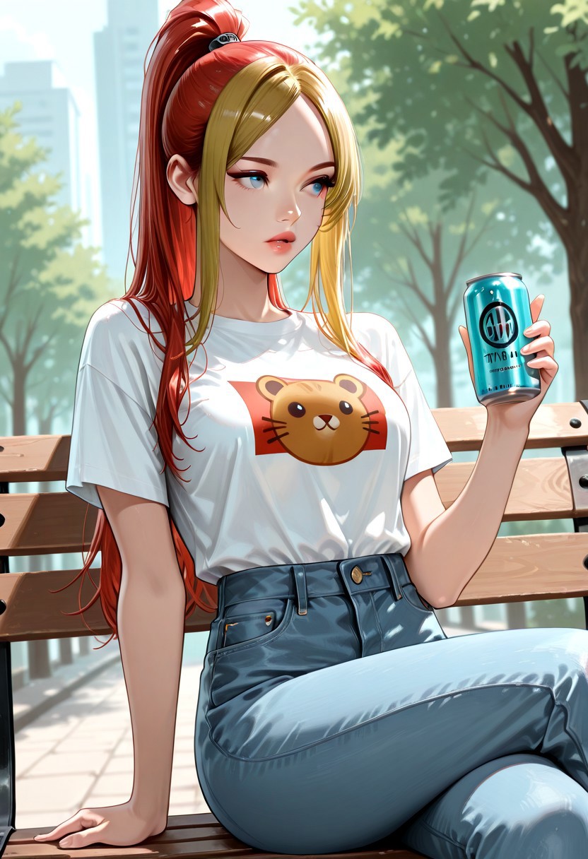 masterpiece, best quality, 32k, high resolution, absurdres, Al3na, AlenaRH, dual color hair [red-blonde], straight hair, high  ponytail, parted bangs, long bangs, icy blue eyes, full lips, perfect body, medium breasts, slender, looking at the viewer, sitting on a bench, cute print t-shirt, denim pants, holding a drink can, looking away, pensive, crossed legs, dutch angle, outdoors