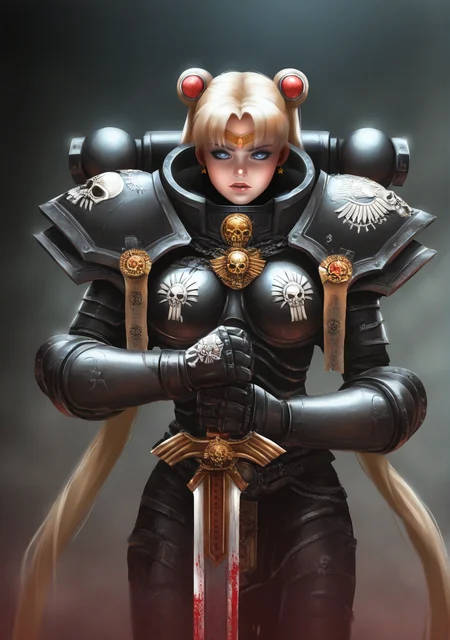 cowboy shot,Sailor Moon, Usagi,
edgAdepta, 1girl, solo, weapon,one handed sword, lips, blood, gauntlets, skull ,wearing edgAdepta,power armor,pauldrons,skull emblem, <lora:edgIllustriousXLAdeptaSororitas-000004:0.85>
very aesthetic, masterpiece, best quality, very aesthetic, highres, absurdres, sensitive