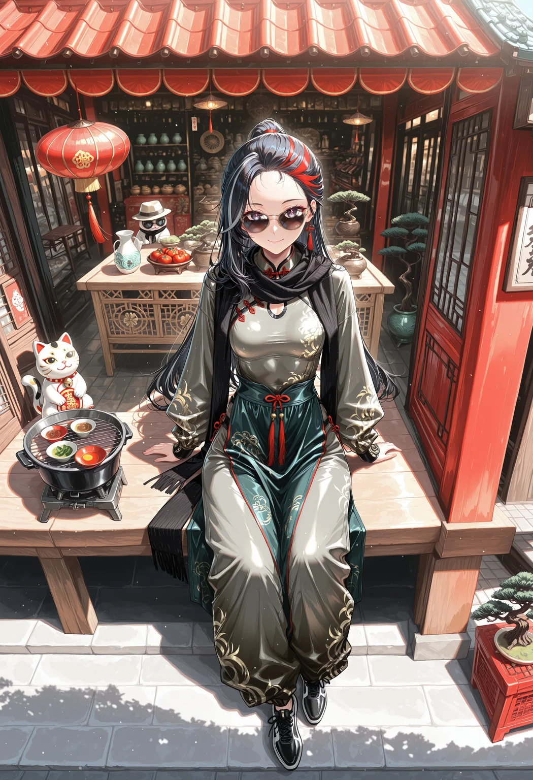 1rregular_b0, hyperdetailed_bg, (realistic_bg:1.4), (su22eal_bg:1.3), full_bg, character focus, (vintage_china, outdoors, store_front), ceiling fan, grill, table, plastic cups, maneki-neko, windchime, bonsai, (vintage_china_clothing), (detailed background),
(1girl, sitting, dynamic pose, looking at viewer), (fedora, brown changpao, long sleeves, black long scarf, open scarf, half apron, sunglasses, official alternate costume, baggy pants, black sport shoes), (great anatomy, correct anatomy, akariL, wide forehead, black hair, long hair, red_streaked_hair, greenish_grey_pupils, red_iris, small breasts),
full body, front view, from_above,
((masterpiece, absurdres, newest, best quality, visual impact, very aesthetic, perfect quality, absolutely eye-catching)), 4K, detailed facial features, detailed clothing features, detailed texture,
