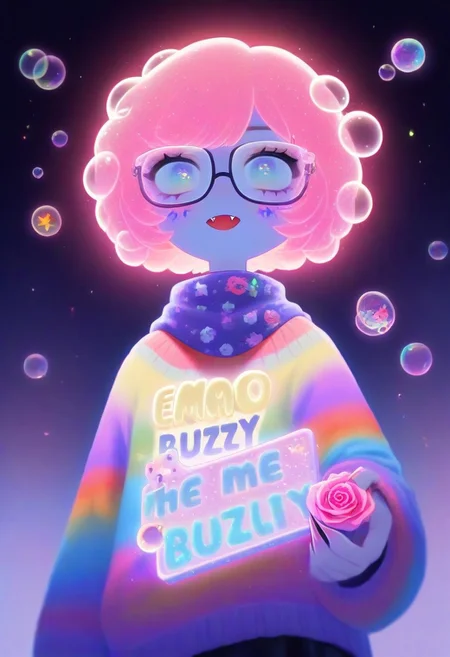 score_9, score_8_up, score_7_up, score_6_up, w0gf1l, mad-cable , 1 girl,emo makeup, short hairs, veil made_of_bubbles , ((colorful sweater made of mad-cable)) , ((scarf made of mad-cable)) vampire fangs, long sharp claws, thick glasses,holding sign that says:"make me Buzzy...",
biolumen,hair accesory, single rose flower, blood red rose, the contur of the petals glow eerily white, surreal ,upper body shot, from below, g0thicPXL, glowing, neon,