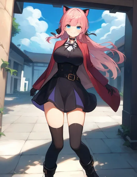 score_9,score_8_up,score_7_up,score_6_up BREAK official art,solo,outdoors,smile,cowboy shot,looking at viewer,facing viewer,Vivi,cat ears,long hair,pink hair,hair ribbon,black ribbon,sidelocks,bangs,blue eyes,choker,red coat,black dress,collared shirt,white shirt,shirt under dress,neck ribbon,white button,long sleeves,black gloves,large breasts,black belt,black thighhighs,zettai ryouiki,boots,black footwear,<lora:Vivi(v atmi)-Pony:1.4>,<lora:Smooth Anime Style LoRA XL:0.8>,