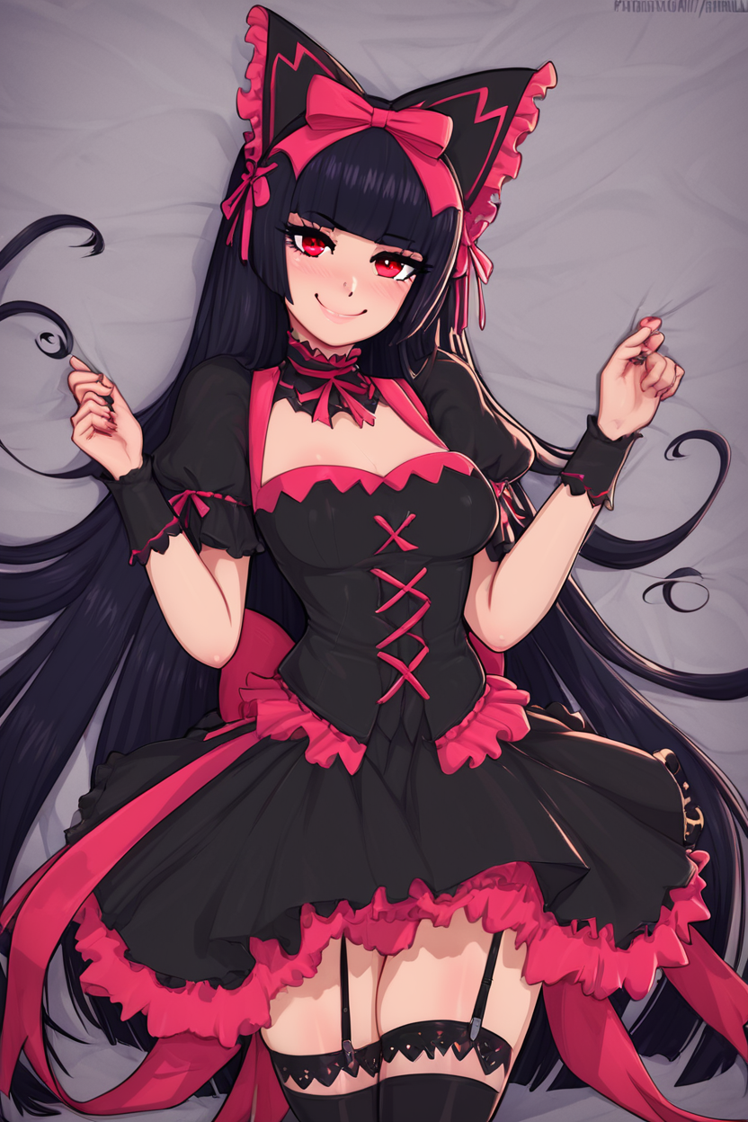 score_9, score_8_up, score_8, medium breasts, (curvy), cute, eyelashes,       BREAK, ,   zzRory, red eyes, long hair, black hair, blunt bangs, hime cut, very long hair,   hair ribbon, black dress, black thighhighs, garter straps, bow,  <lora:Rory_Mercury_PDXL:0.8>,   , BREAK, <lora:Afrobull_PDXL_v4:0.8>,  ,,, BREAK, smile, looking at viewer, closed mouth, cowboy shot,  ,,, embedding:zPDXL, Expressiveh, ,,, <lora:SDXLFaeTastic2400:0.5>, <lora:Expressive_H-000001:0.4>,