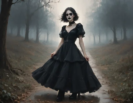 (score_9,score_8_up,score_7_up:1), 1girl, full body, amateur shot, horror, naturalism, natural lighting, happy, (goth, (black lipstick, black mascara, black eyeshadow)), (skinny), neonglow color hair, laurel braided hair, choker, eyeshadow)), (etherial glowing skin), medium breasts,<lora:breasts++-PD-swooping-1.0:1> swooping breasts, (floating), ghostly planet, (<lora:goth_clothes:1>, goth dress, gothic jewelry, black dress, detailed dress, black high heeled shoes), <lora:source_real_life:1> perfect_aesthetic