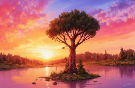Sharp image of a rough sketch, rendered in vibrant multi colour ballpoint pen, capturing the adorable features of a digital illustration of a beautiful sunset scene. The sky is filled with vibrant colors, ranging from deep oranges and reds to lighter pinks and yellows. The sun is setting in the background, casting a warm glow over the landscape. In the center of the image, there is a large tree with a thick trunk and branches, standing on a small island in the middle of a body of water. The tree is surrounded by rocks and grass, and there are a few other trees scattered around the island. The overall mood of the scene is peaceful and serene.  p3nsk, <lora:p3nsk:1>