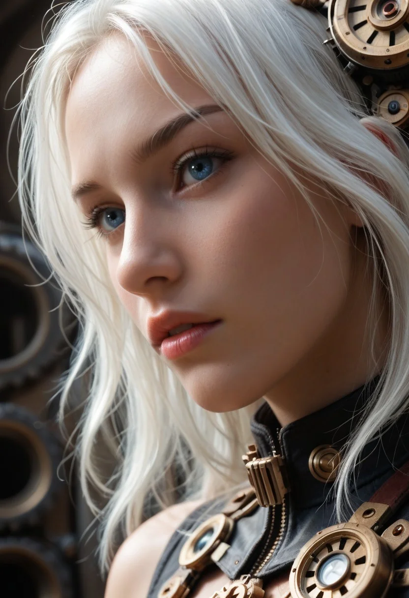 masterpiece, best quality, high quality, highres, absurdres, very aesthetic, newest, cinematic, realistic, 1girl, white hair, blue eyes, parted lips, close-up, from side, dynamic angle, steampunk, vibrant atmosphere, mechanical, motion,