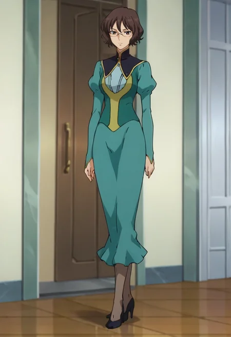 score_9,score_8_up,score_7_up,score_6_up,score_5_up,score_4_up,anime coloring BREAK source_anime,anime,<lora:Shirin_Bakhtiar_Gundam_00_Pony:0.7>,shirin,1girl,solo,brown hair,short hair,glasses,green dress,juliet sleeves,pantyhose,high heels,standing,looking at viewer,